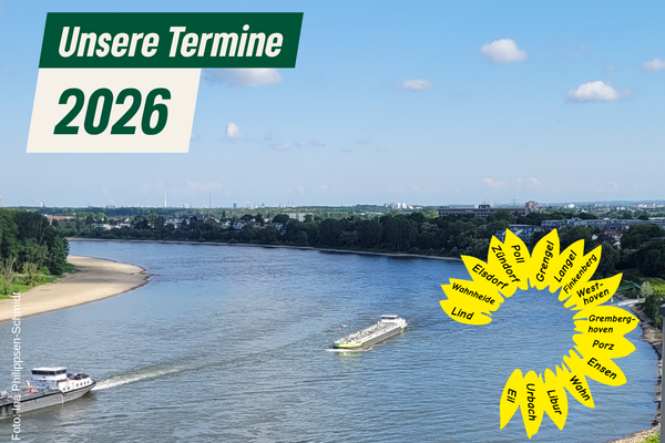 Grünes Sonnenblumenlogo vor Rheinansicht Richtung Ensen